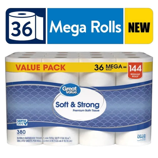 Great Value Soft & Strong Premium Toilet Paper – 36 Mega Rolls