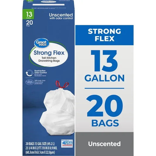 Great Value Strong Flex Tall Kitchen Drawstring Bags – 13 Gallon, 20 Count