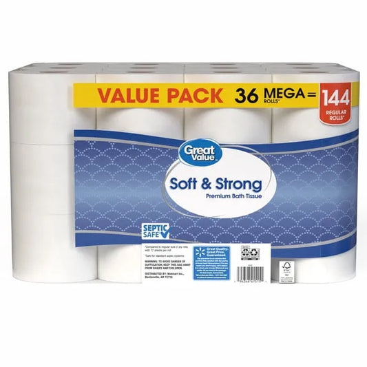 Great Value Soft & Strong Premium Toilet Paper – 36 Mega Rolls