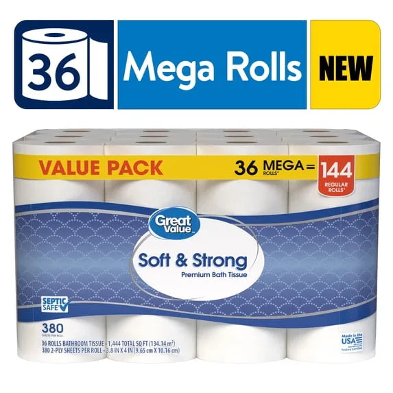Great Value Soft & Strong Premium Toilet Paper – 36 Mega Rolls